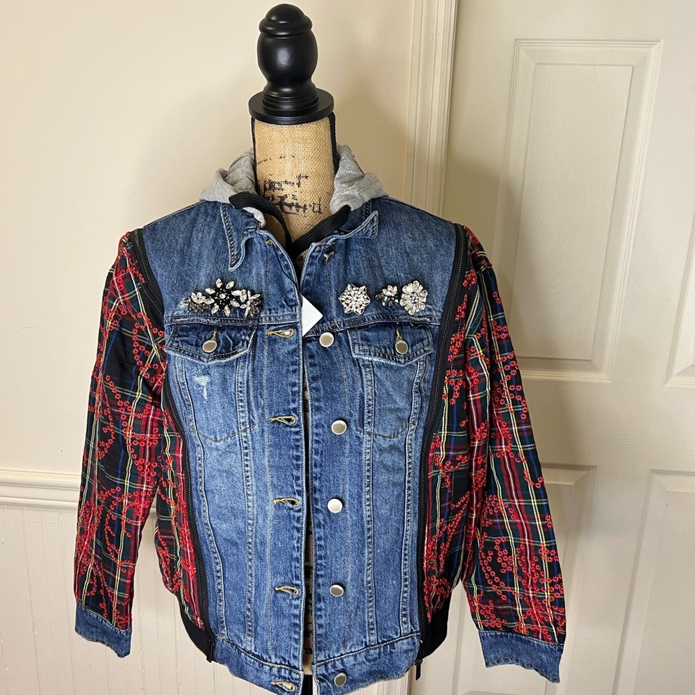 Embellished Denim and Plaid Women's Jacket Desigual NWT